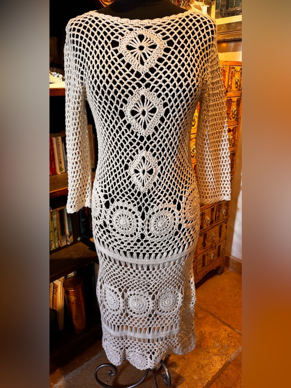 Handmade White Crochet Long Sleeve Maxi Dress